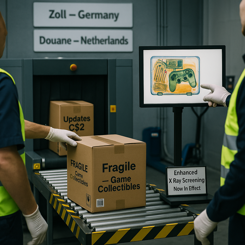 Photorealistic press-style photo in a customs warehouse showing an X-ray scanner processing boxes labeled