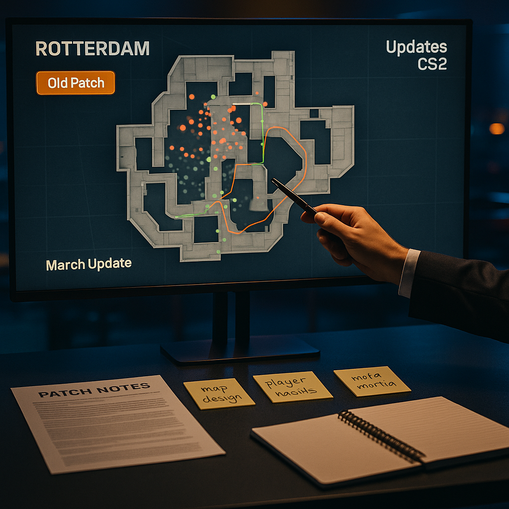 Photo-real esports analysis studio with a large screen showing a tactical map labeled Rotterdam,