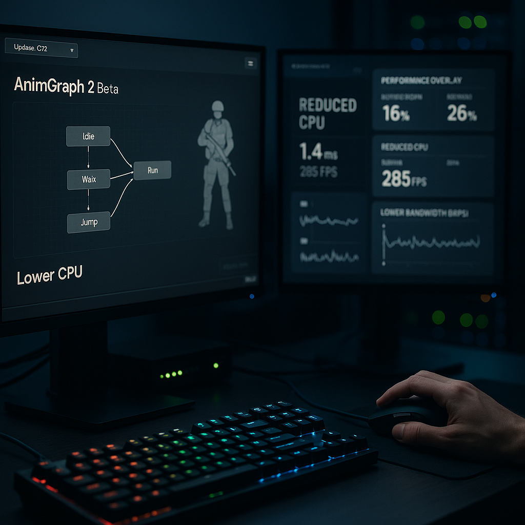 Dual-monitor gaming workstation at night showing a simplified animation graph and reduced CPU/network metrics